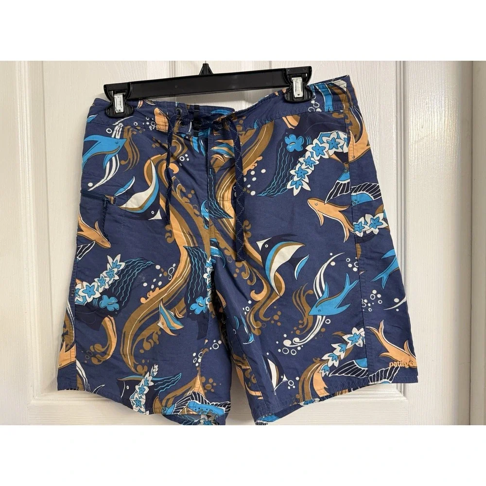 Patagonia Swim Trunks Mens 30 Blue White Board Shorts Pataloha Beach Swim Fish